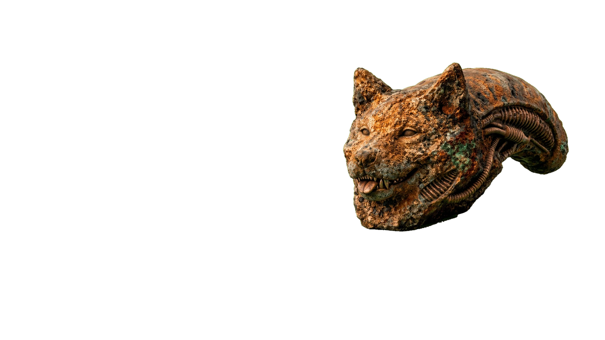 A copper xeno-Shiba sculpture resting on a plush dog bed